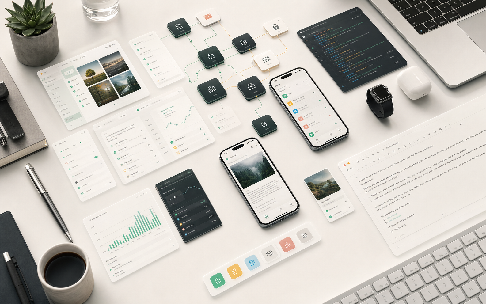 A tech-minimal Dojoism app studio workspace with app interface panels